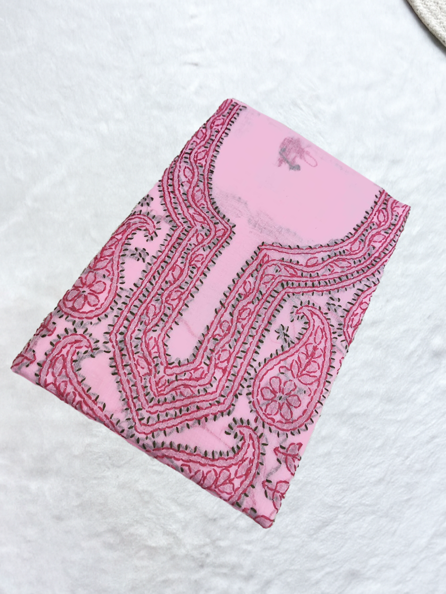 Petal pink dress material in cotton with hand-embroidered white threadwork(Dniza Chikankari)