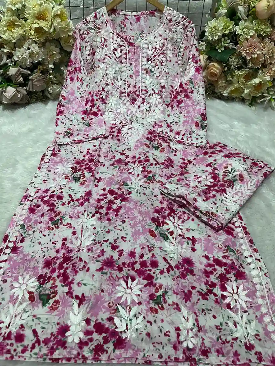 Pink Floral Printed Mulmul Cotton Chikankari Palazzo Set – Soft Summer Ethnic Wear