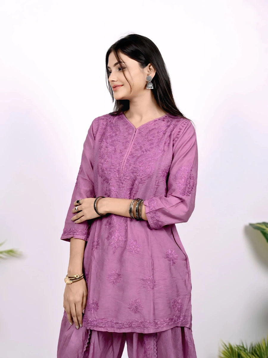 Premium Chanderi dhoti set with delicate Lucknowi chikankari embroidery, festive ethnic wear by Dniza Chikankari