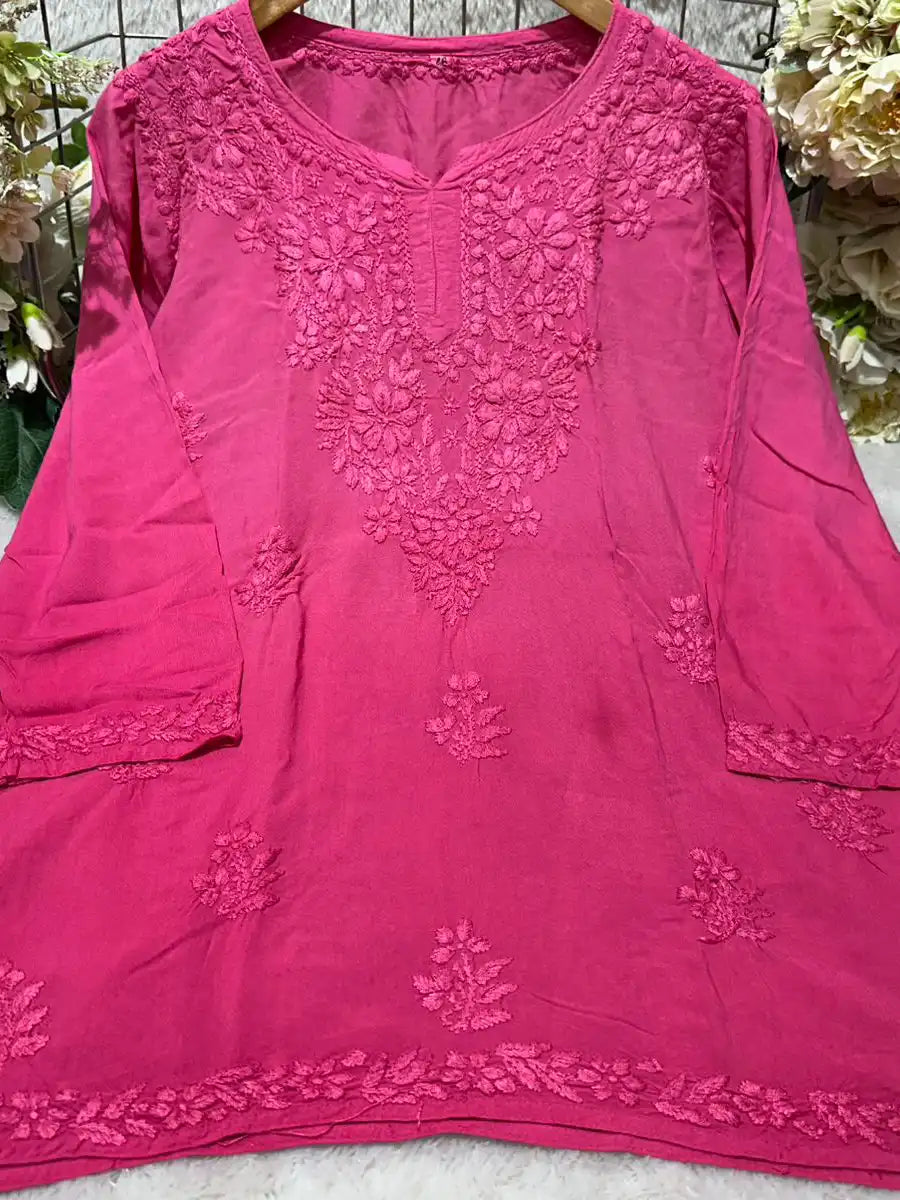 Rani Pink Rayon Short Kurti – Festive Tone-to-Tone Chikankari Embroidered Ethnic Top