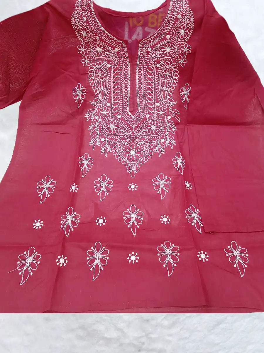 Rani pink Rubiya Cotton short top with white thread neck embroidery and scattered booti motifs