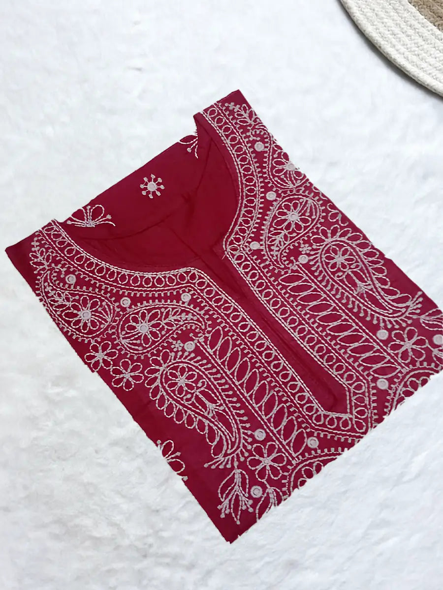Rani pink Rubiya Cotton short top with white thread neck embroidery and scattered booti motifs(DC)