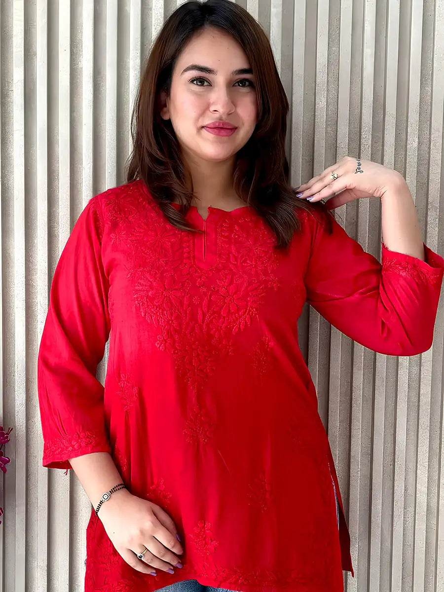 Red Chikankari short kurti in soft rayon fabric for women