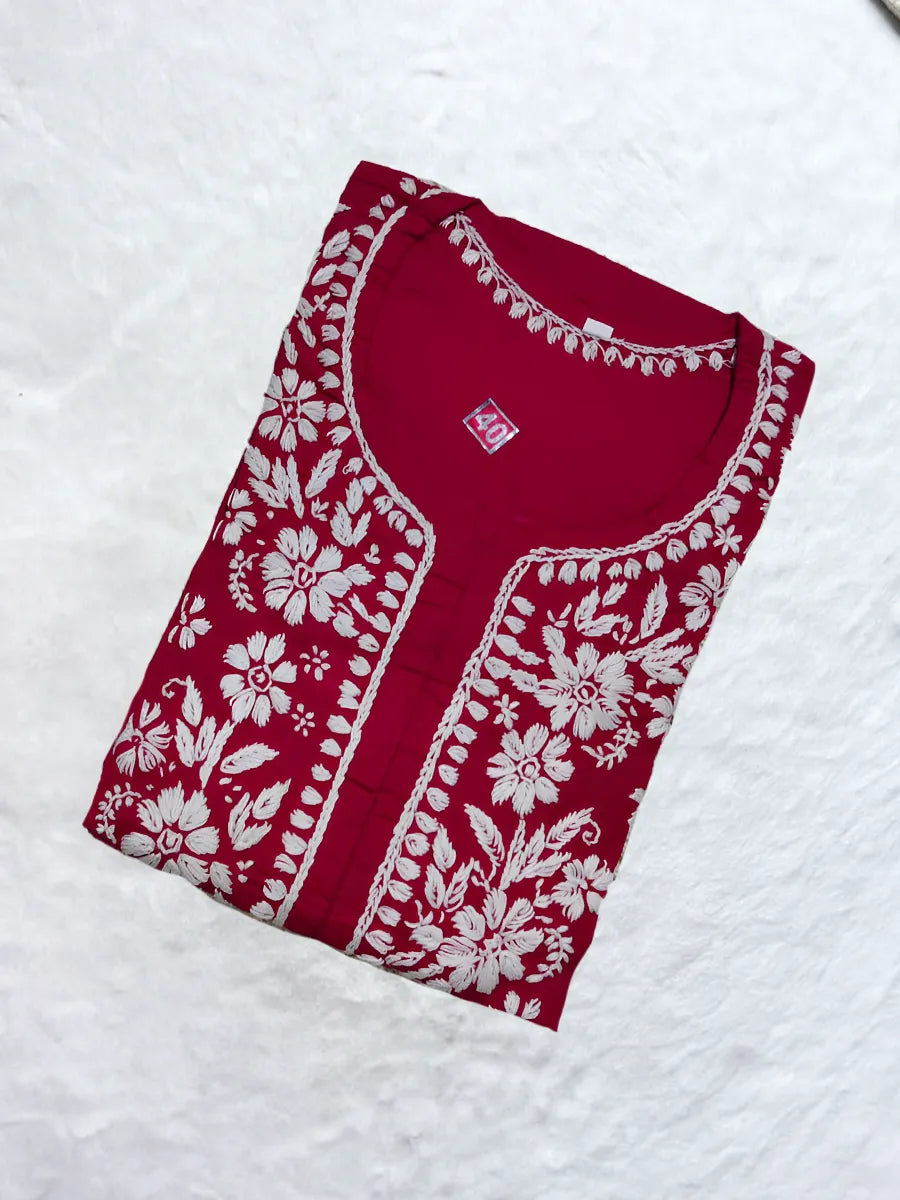 Rich crimson red cotton kurti with fine white floral chikankari embroidery