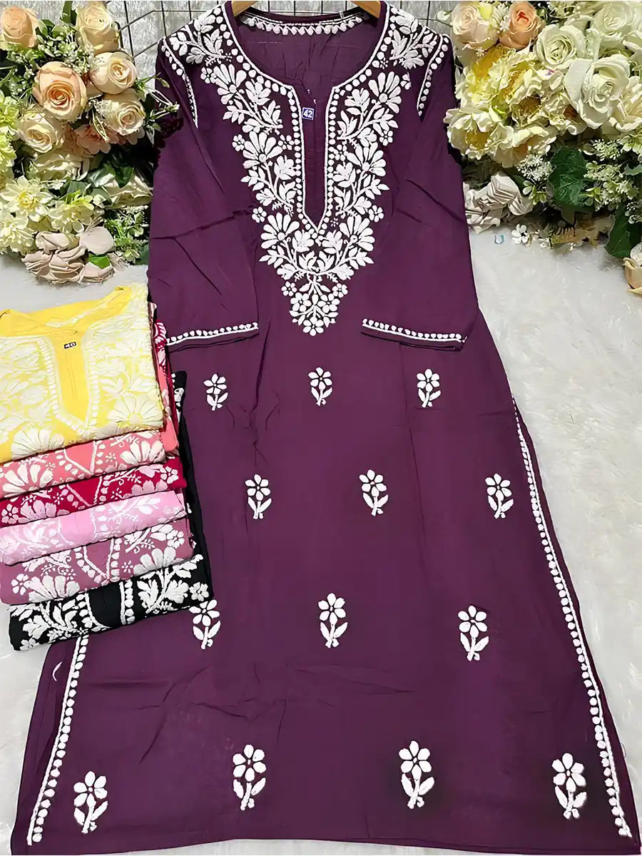 Rich plum purple rayon kurti with contrast white gala booti Chikankari embroidery adding a bold ethnic flair.