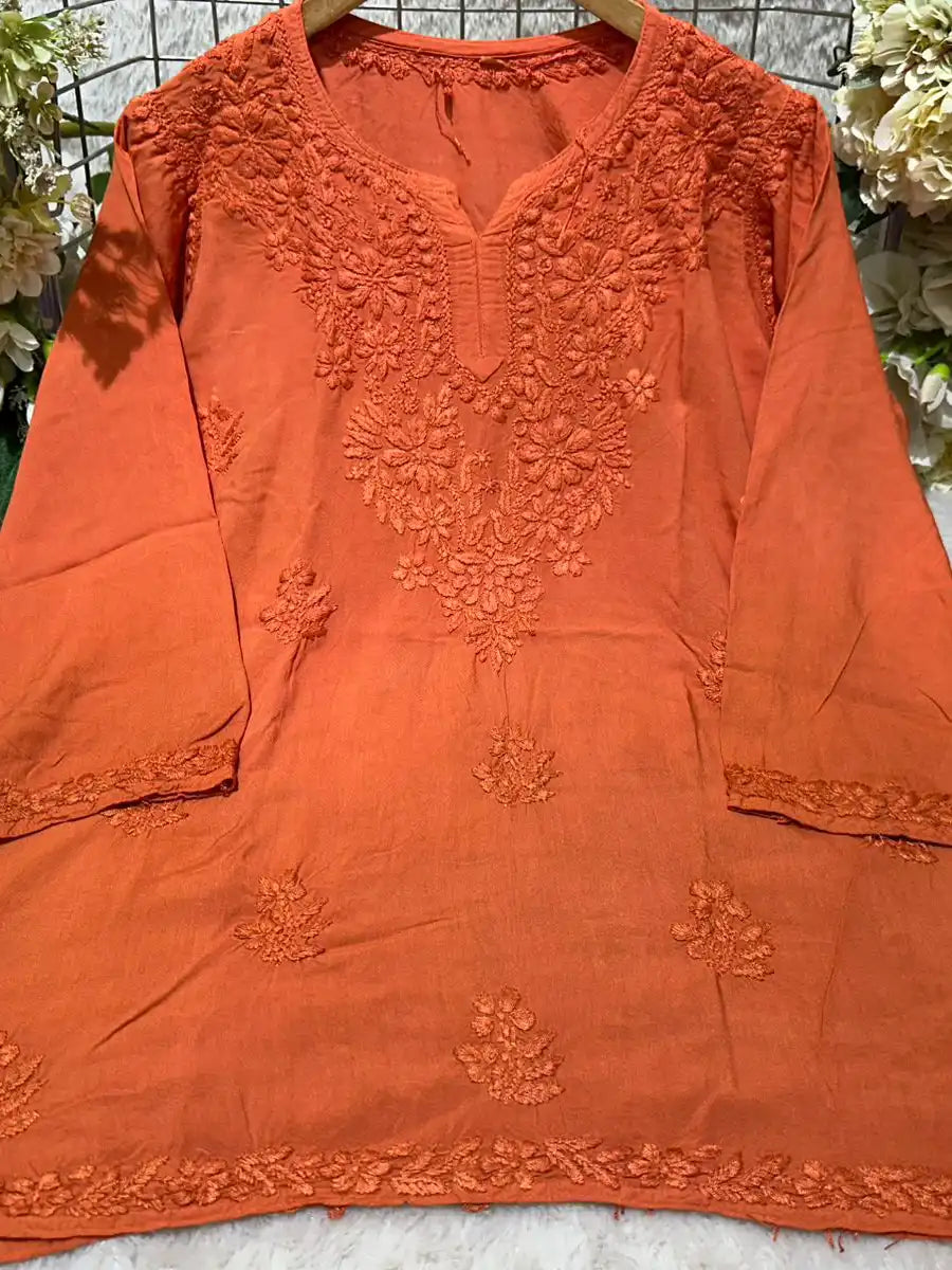 Rust Orange Rayon Short Kurti – Stylish Tone-on-Tone Chikankari Embroidery for Everyday Wear