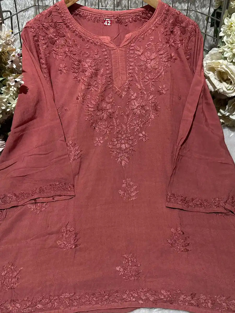 Rust Rose Rayon Short Kurti – Tone-on-Tone Chikankari Embroidery with Elegant Finish