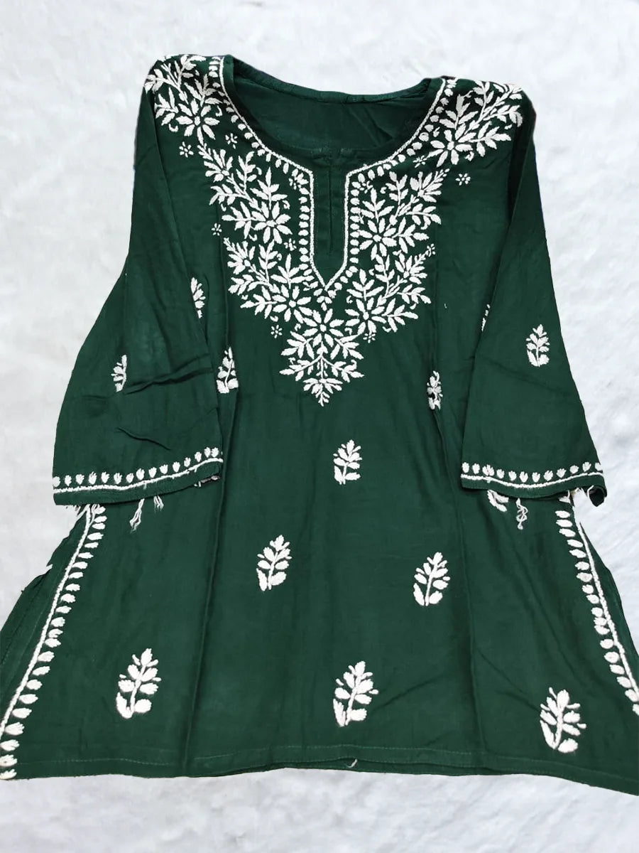 Noir Grace – Black Rayon Short Kurti with Elegant Embroidery