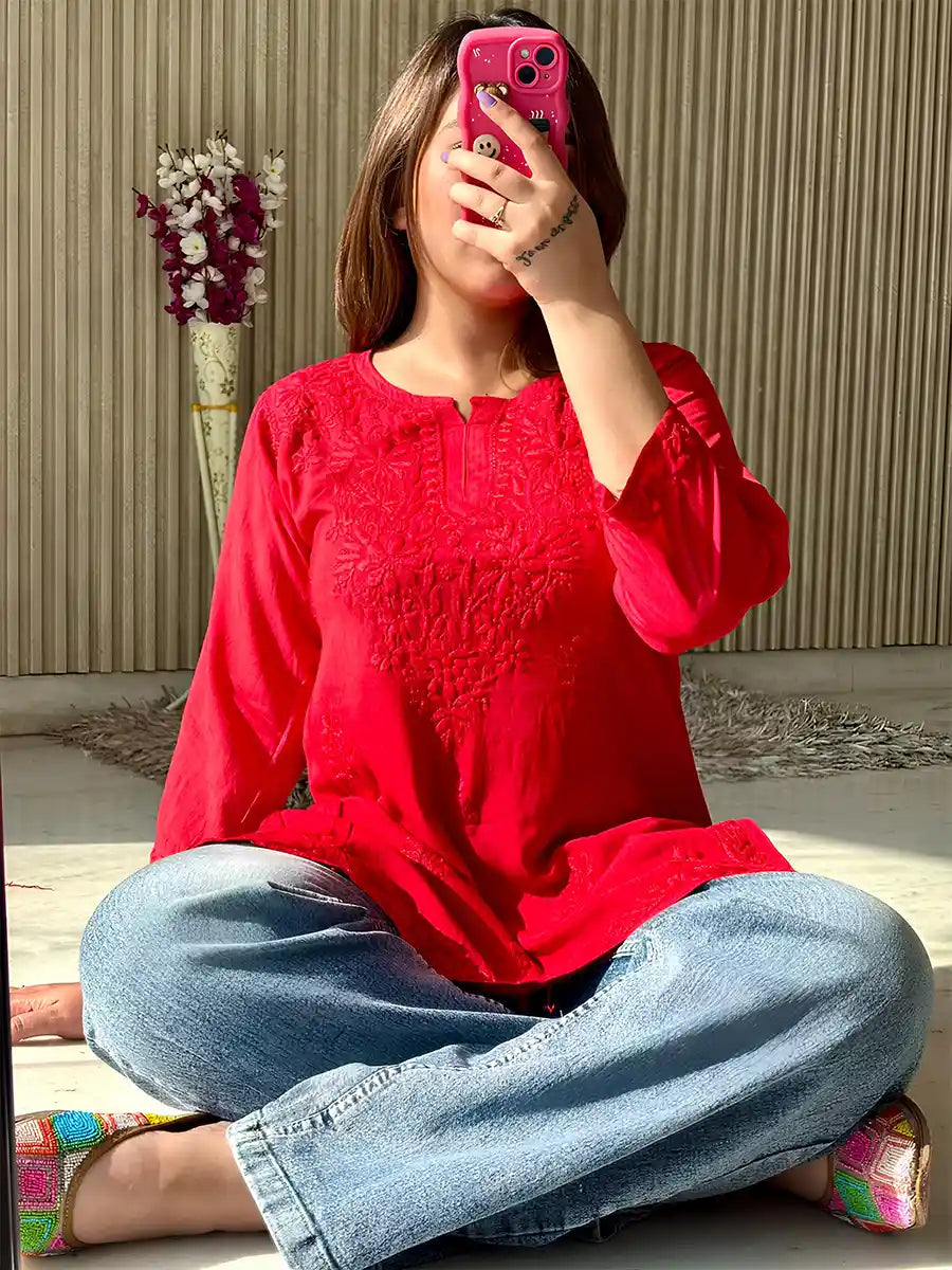 Short red rayon kurti with matching red Chikankari embroidery