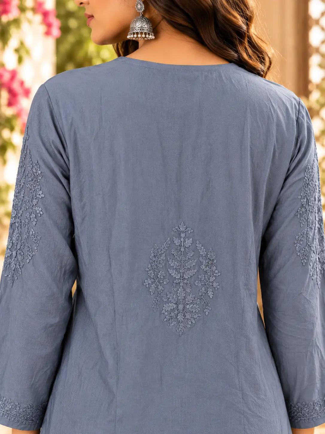 Slate Blue Chikankari Muslin Kurta Palazzo Set