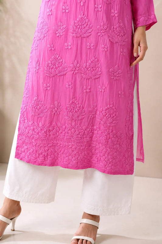 Soft Premium Modal Satin Pink Chikankari Kurti with Floral Hand Embroidery for Women