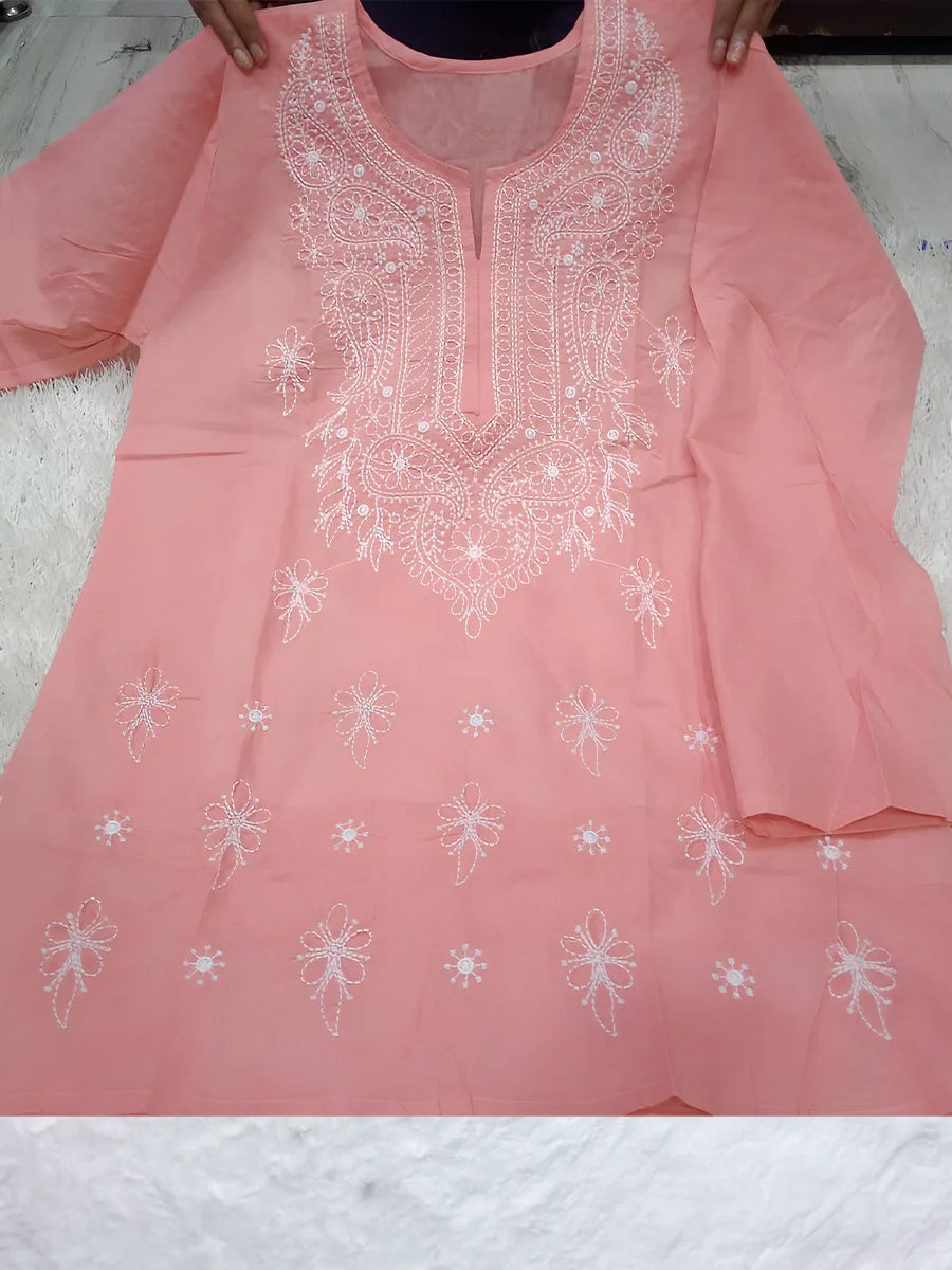 Soft peach Rubiya Cotton short top with white computerized neck and floral booti embroidery details