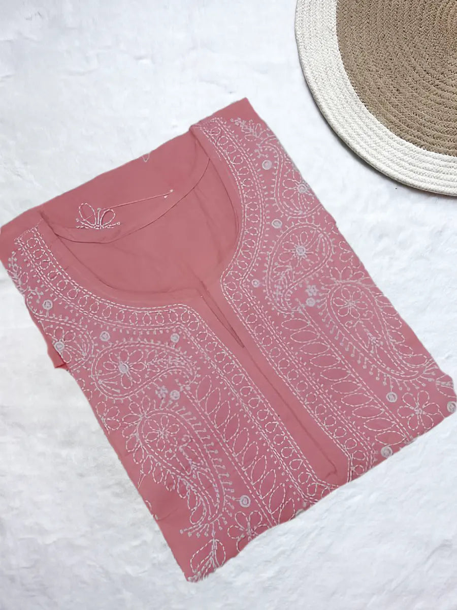 Soft peach Rubiya Cotton short top with white computerized neck and floral booti embroidery details(DC)