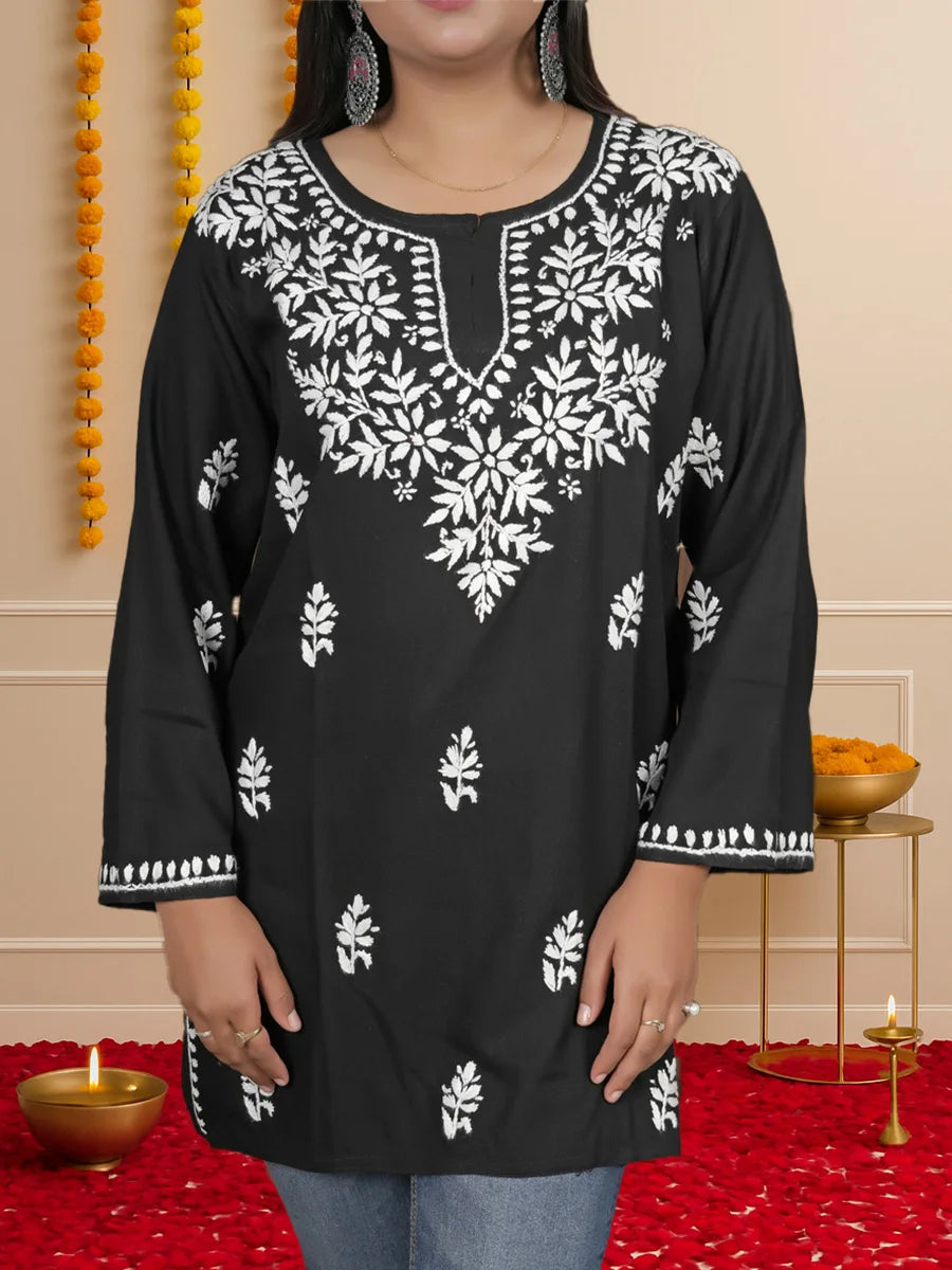 Elegant and breathable black Chikankari short kurti perfect for casual wear