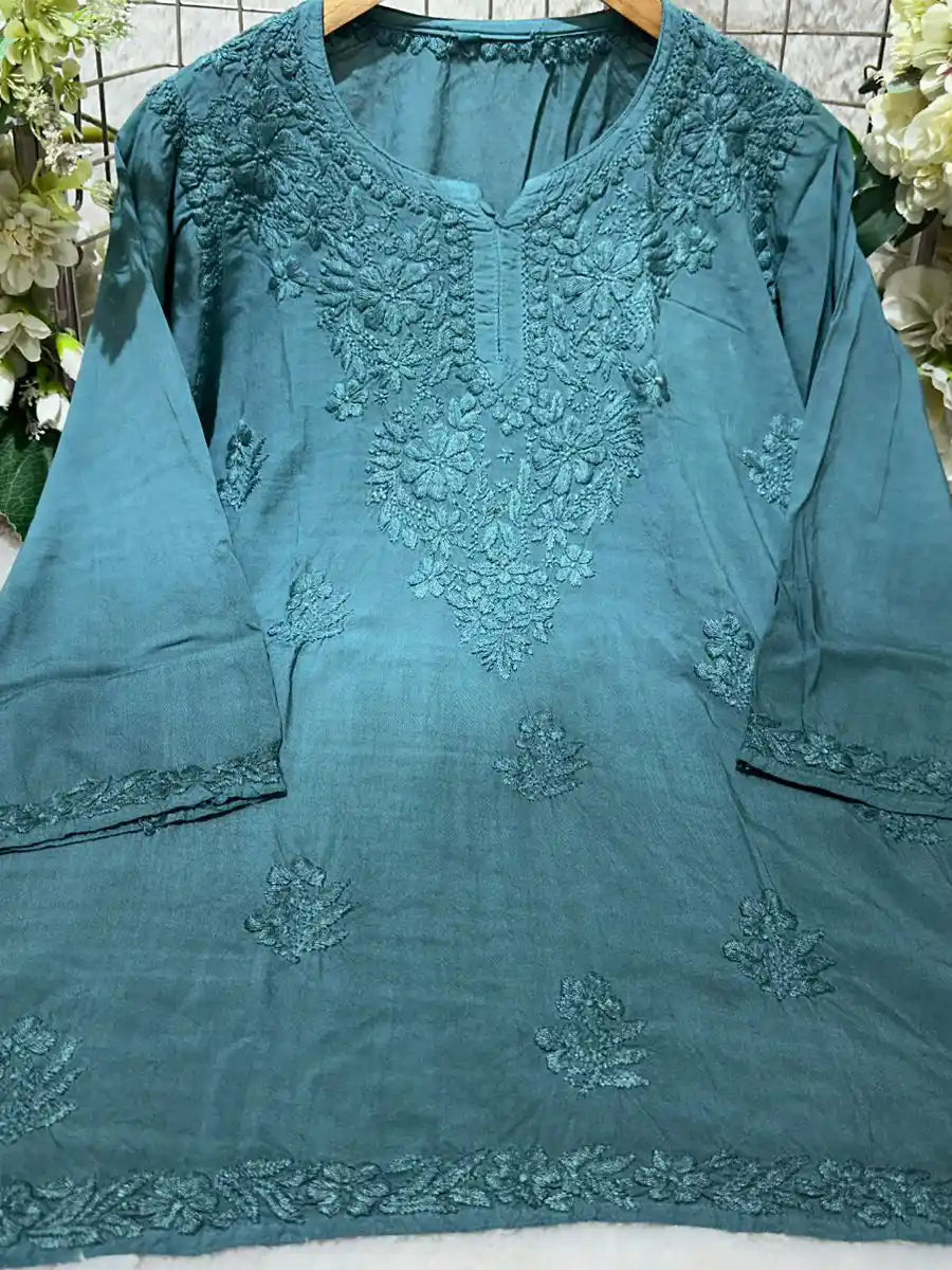 Teal Blue Rayon Short Kurti – Elegant Tone-to-Tone Chikankari Work in Soft Flowing Rayon
