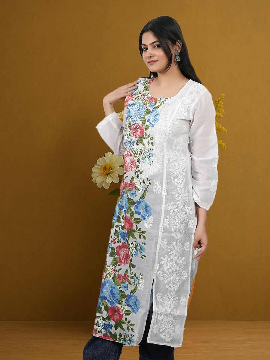 Elegant long kurta with bold print and subtle white Chikankari embroidery, suited for office or gatherings