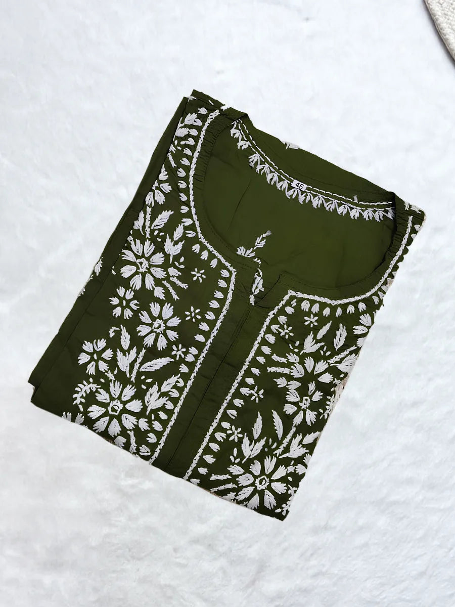 Traditional olive green chikankari kurti with handcrafted embroidery detailing
