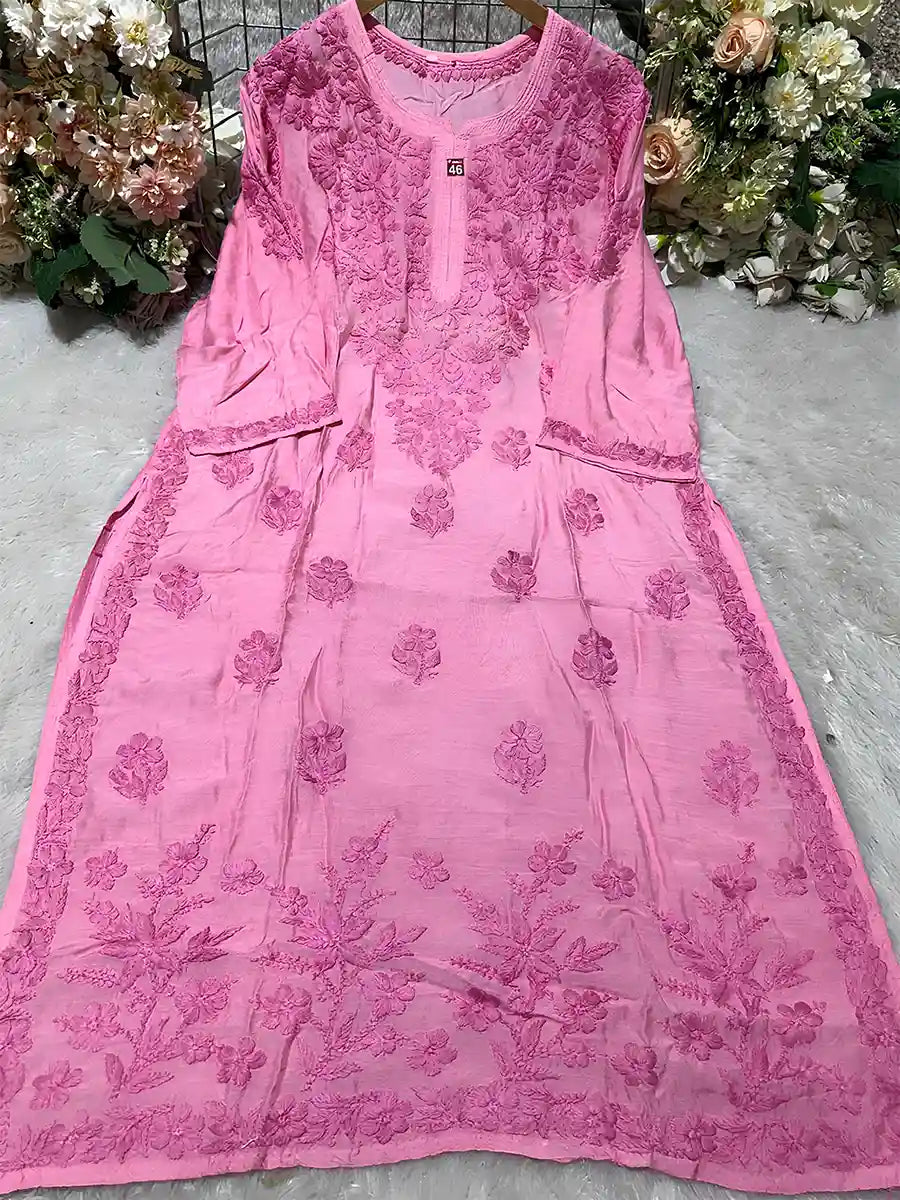 Vibrant Rani Pink Masleen Top Featuring Intricate 4-Bota Chikankari – Ethnic Grace with a Contemporary Touch