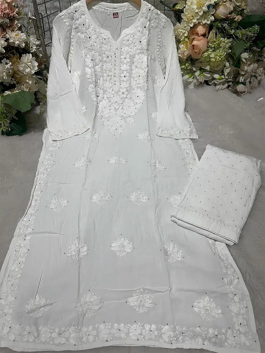 White Rayon Kurti with Fancy Floral Embroidery and Matching Mukesh Work Pant