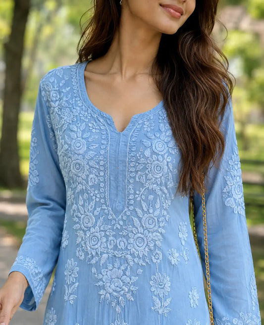 Women's Sky Blue Handcrafted Lucknowi Chikankari Modal Satin Kurti Styled with White Palazzo