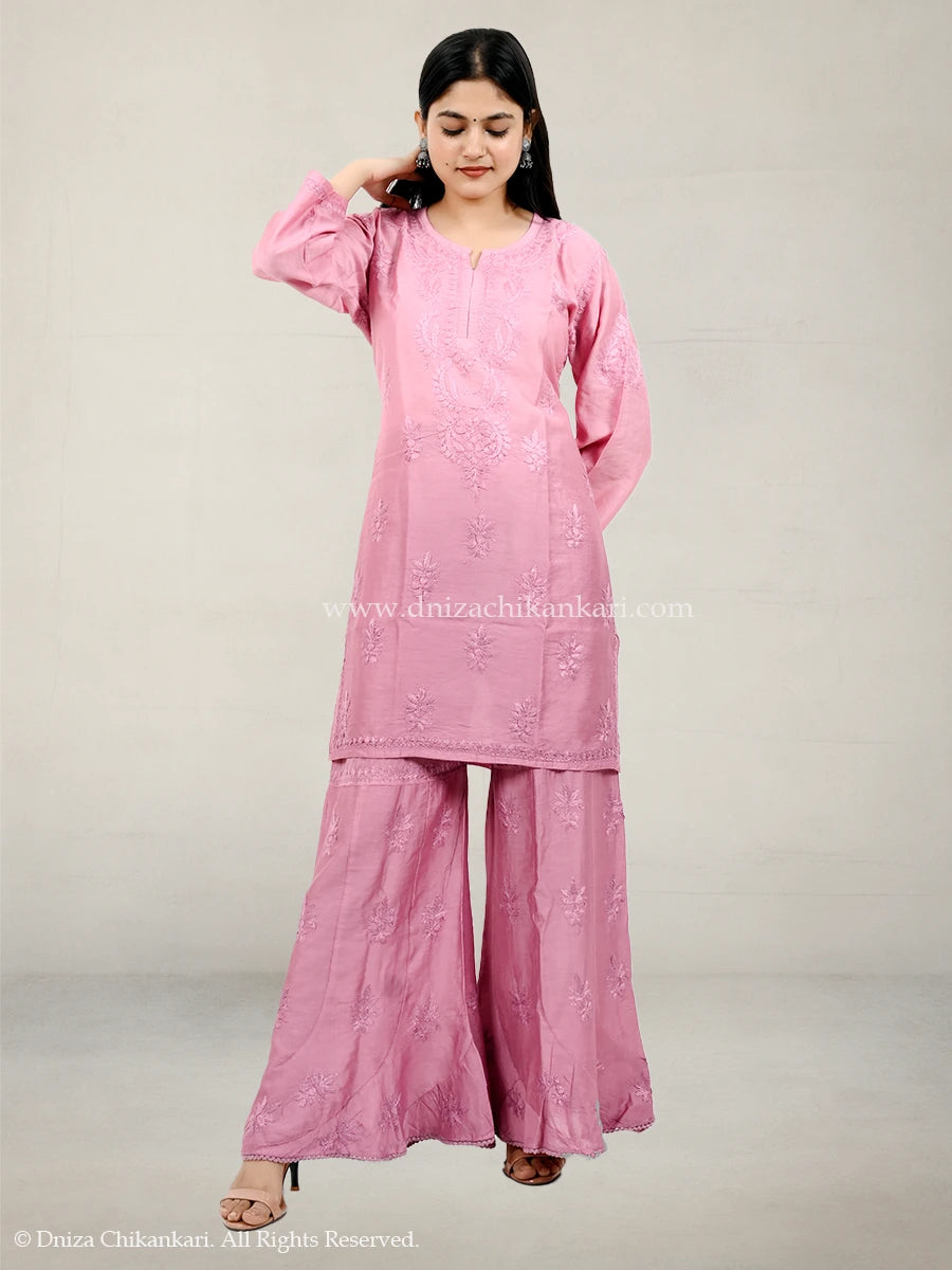 Women’s dusty rose pink chanderi plazo suit with hand-embroidered chikankari work and 44-inch kurti – Dniza Chikankari