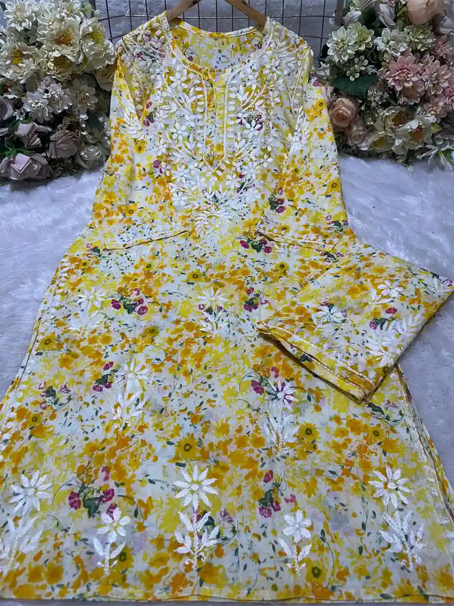 Yellow Floral Printed Mulmul Cotton Chikankari Palazzo Set – Elegant Summer Outfit