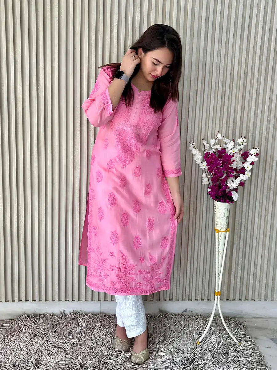 ani Pink Masleen Chikankari Top with 4-Bota Embroidery – Handcrafted Elegance in a Bold Hue
