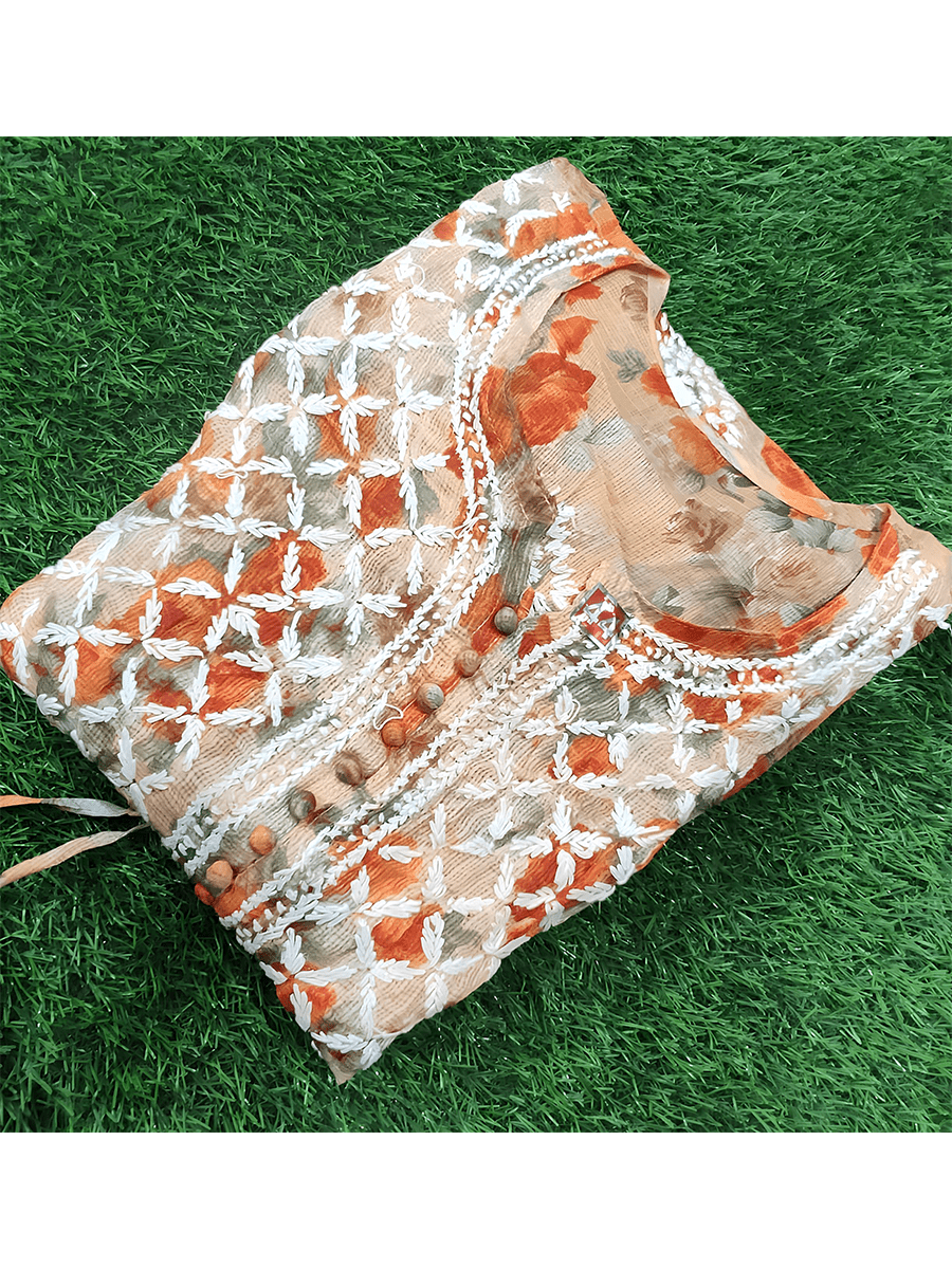 Burnt Clay – Rust Orange Frock Kurti with Floral Accents - Dniza Chikankari