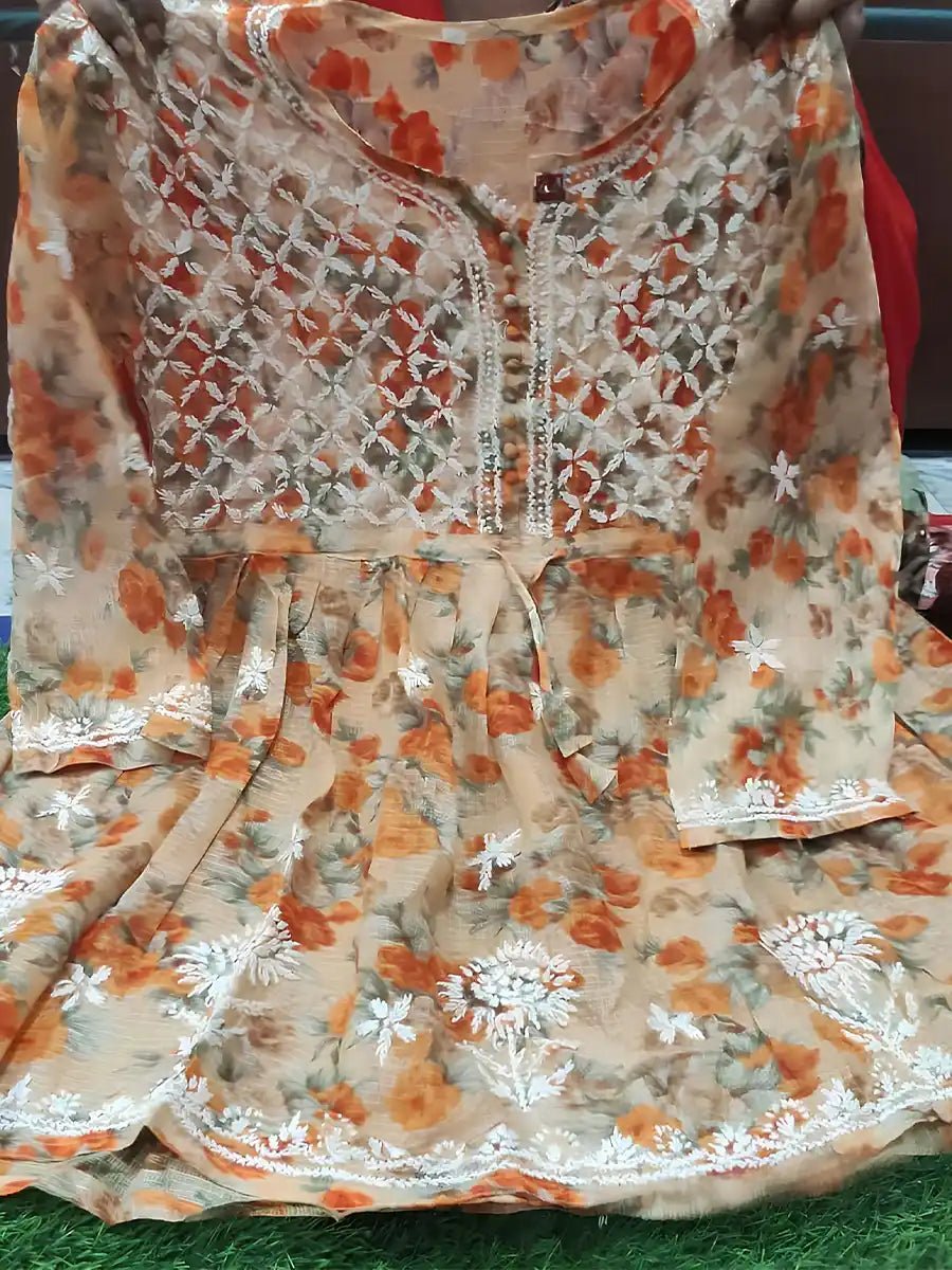 Burnt Clay – Rust Orange Frock Kurti with Floral Accents - Dniza Chikankari