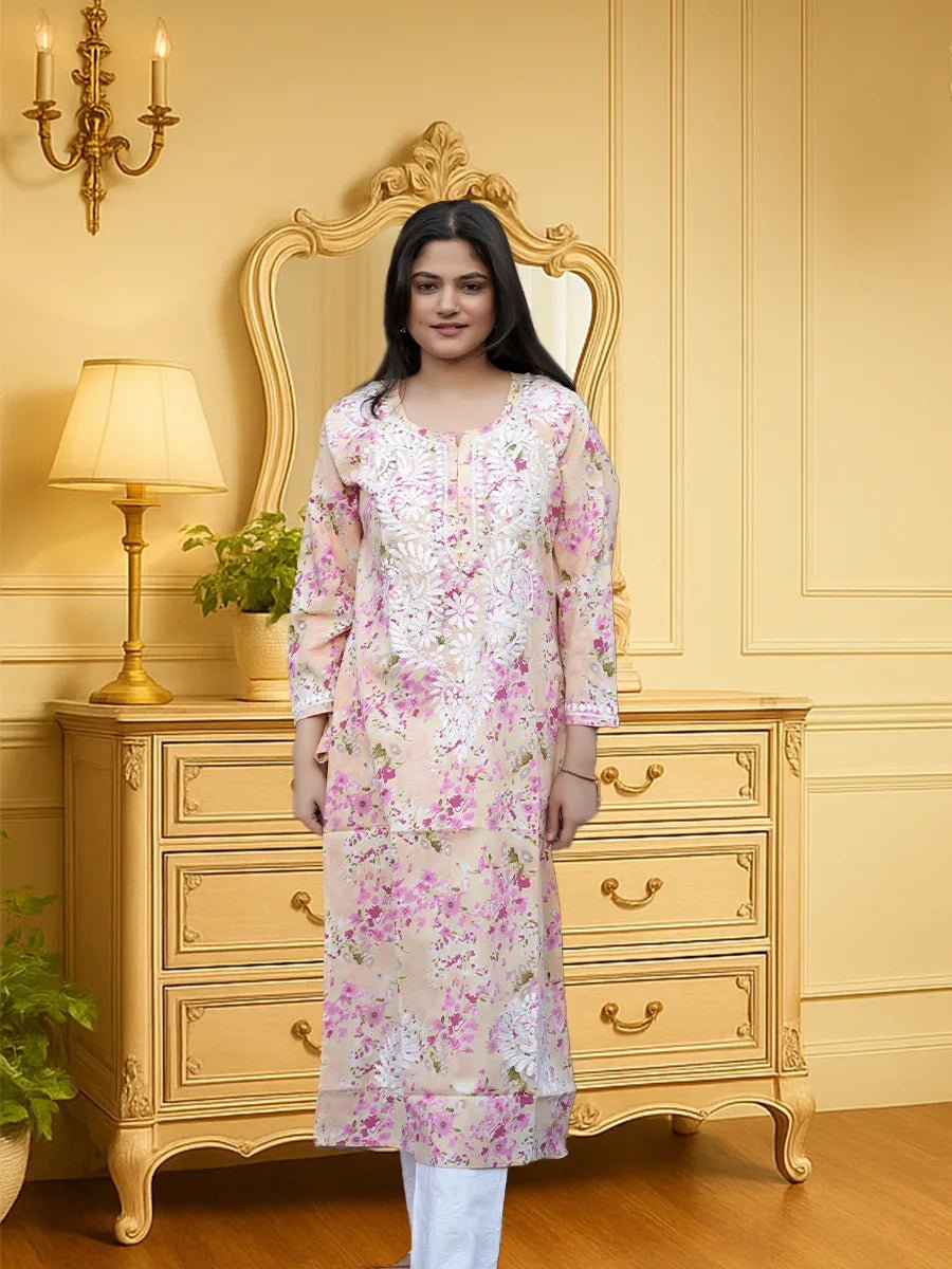 Dual - Tone Printed Chikankari Kurta – Light Pink and Yellow Bliss - Dniza Chikankari