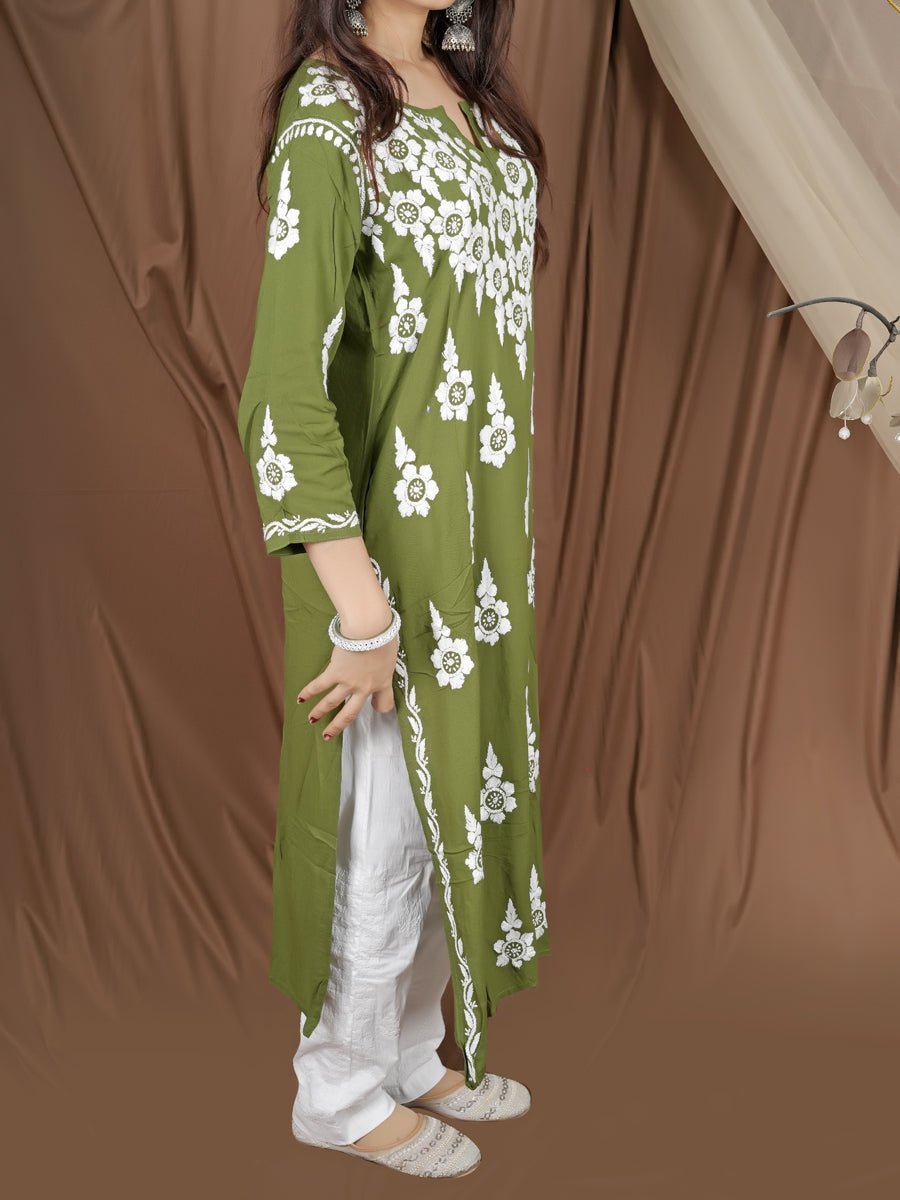 Grace in Green: Rayon Chikankari Kurti & Palazzo Set - Dniza Chikankari