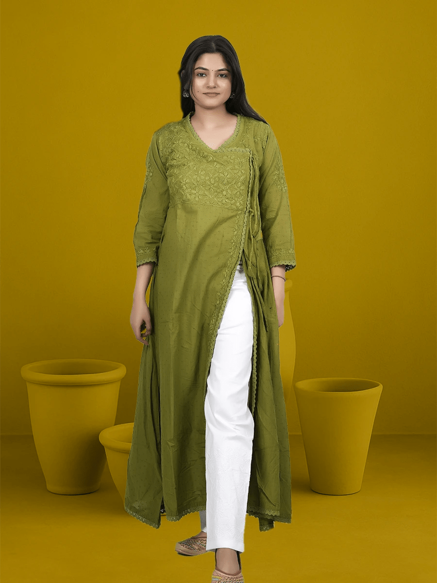 Graceful Green Angrakha Kurta with Side Tie and Flared Design - Dniza Chikankari
