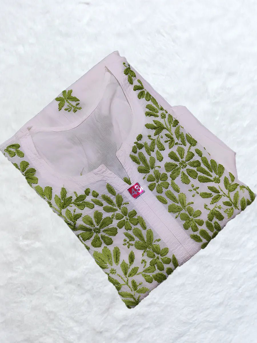 Gulzar Grace – White Mal Cotton Kurti with Olive Green Embroidery - Dniza Chikankari