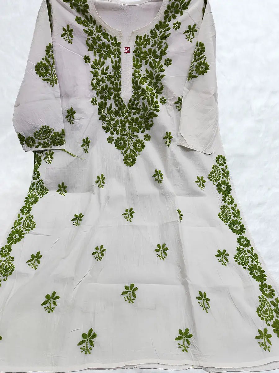 Gulzar Grace – White Mal Cotton Kurti with Olive Green Embroidery - Dniza Chikankari
