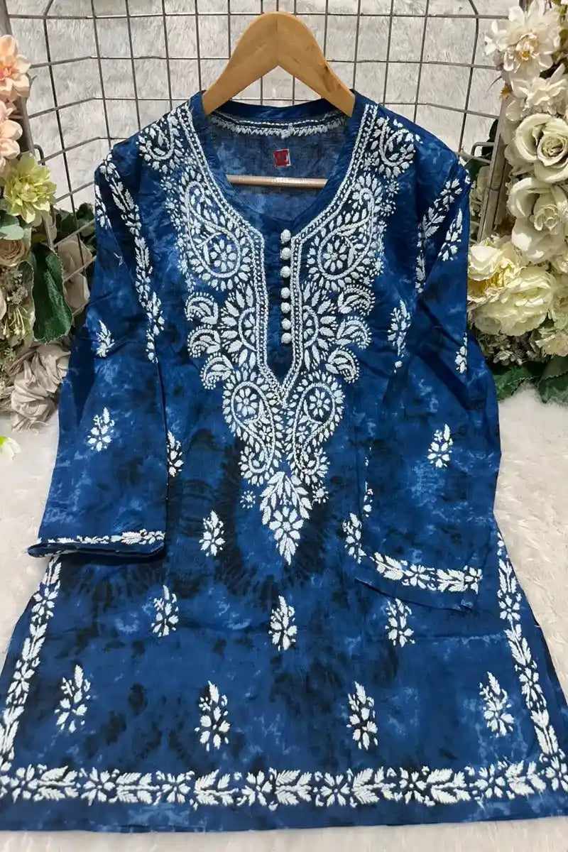 Royal Blue Denim Print Chikankari Kurti with Lace Pant Set