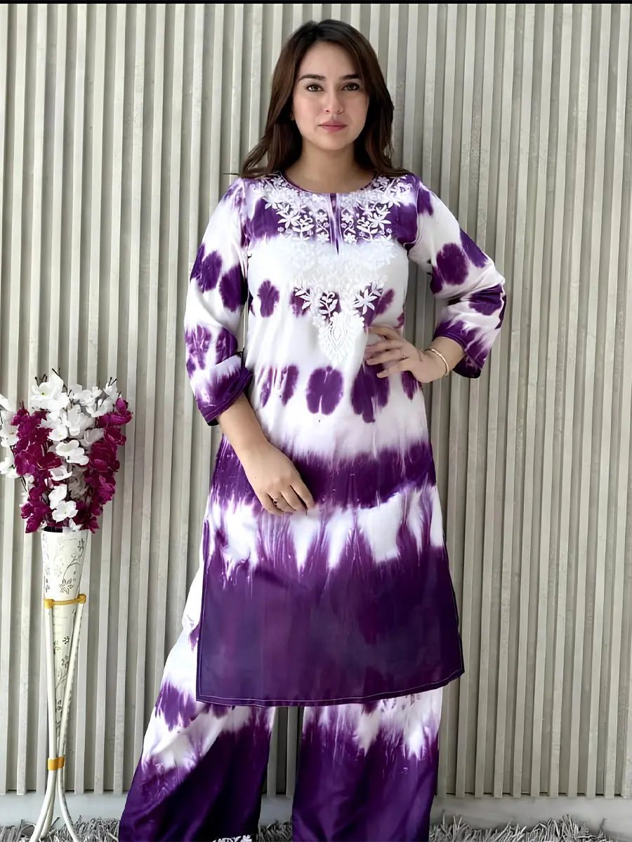 Lavender Splash – Soft Rayon Tie - Dye Co - ord with Chikankari Elegance - Dniza Chikankari