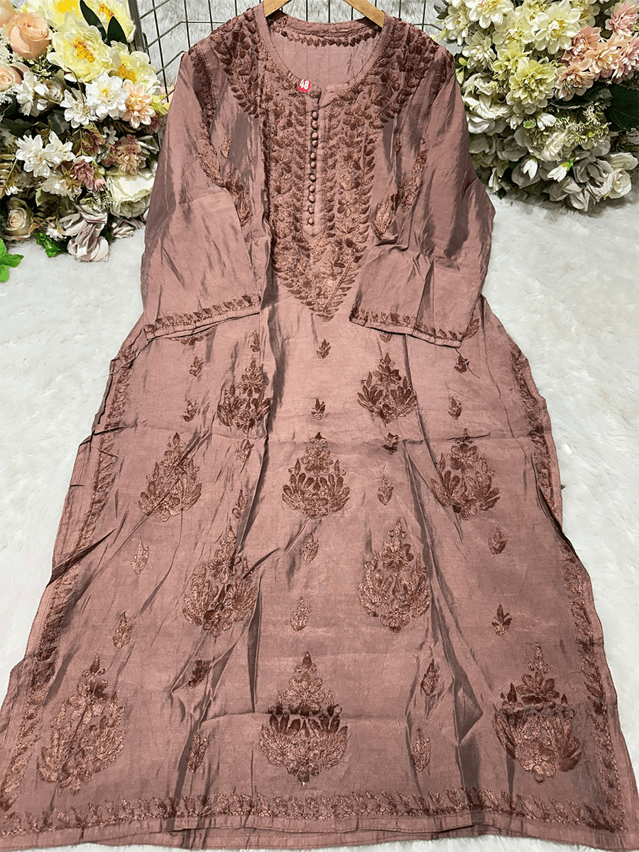 Mocha Bloom – Dusty Brown Chanderi Kurti with Subtle Sheen - Dniza Chikankari