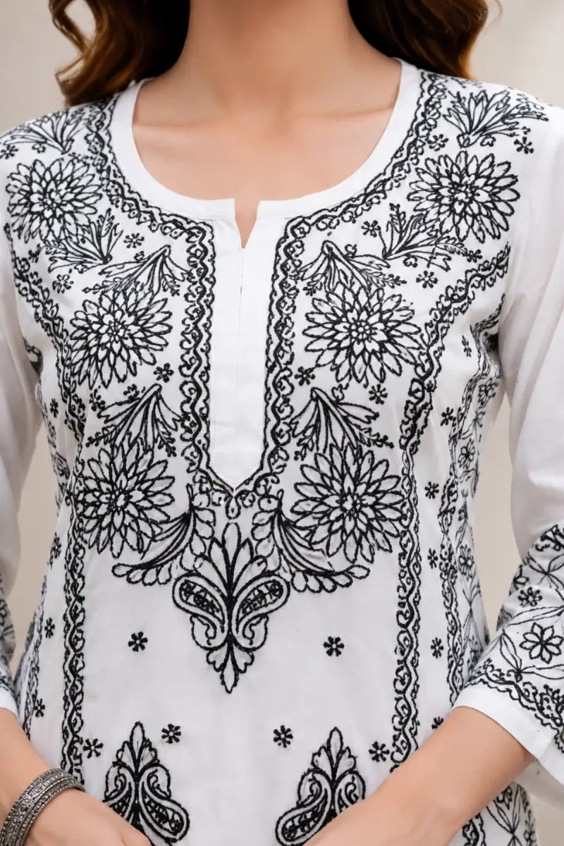 Premium Soft Rayon White & Black Embroidered Kurti Pant Set