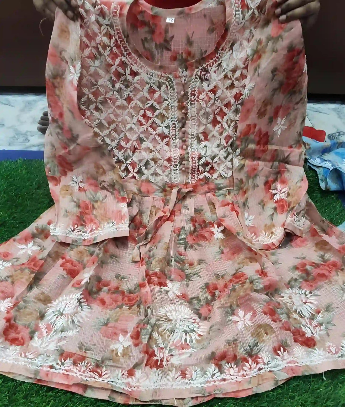 Peach Blossom – Floral Kota Frock Kurti - Dniza Chikankari