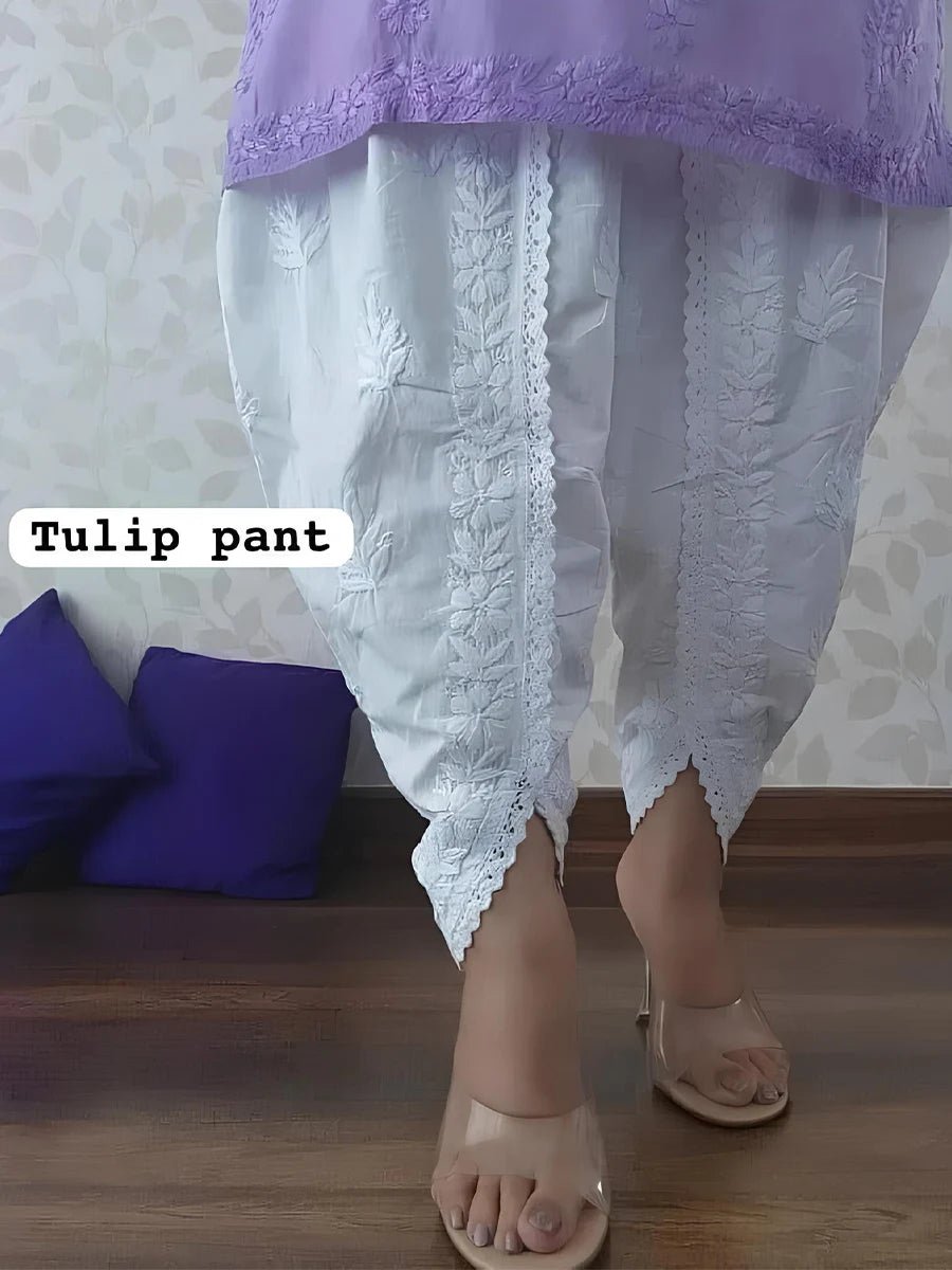 Pearl Petal – White Cotton Tulip Pant with Embroidered Elegance (Free Size) - Dniza Chikankari
