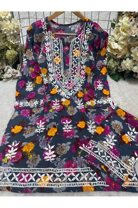 Rayon Floral Print Coord Set with Heavy Embroidery Work