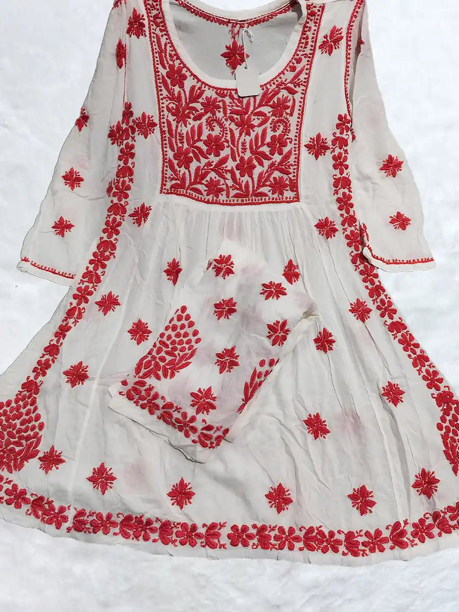 Scarlet Bloom – Red Ghaas Patti Embroidered Rayon Co - ord Set - Dniza Chikankari