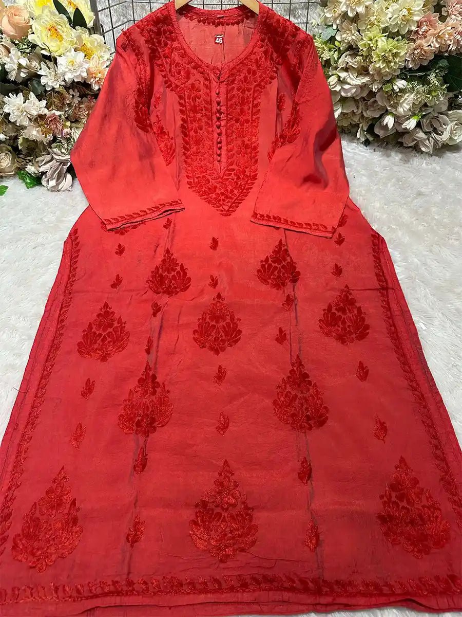 Scarlet Charm – Rani Red Chanderi Kurti with Floral Embroidery - Dniza Chikankari