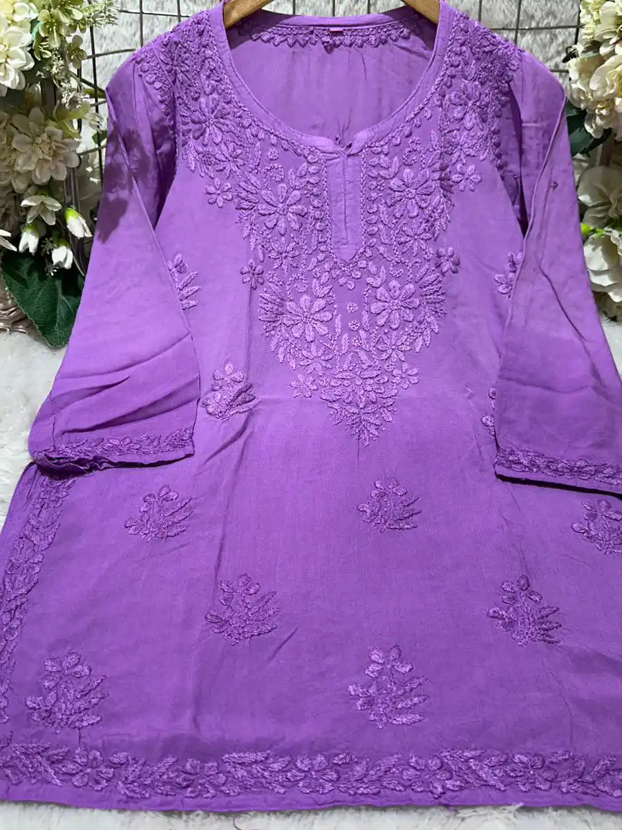 Red Bloom – Short Rayon Chikankari Kurti