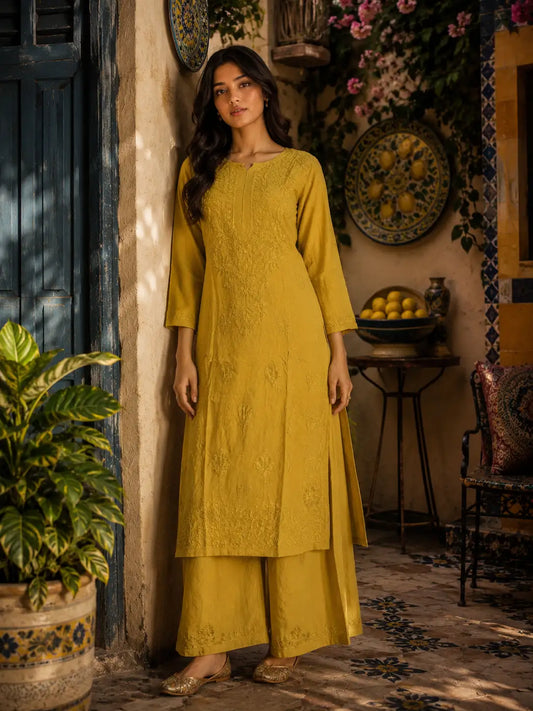 1. Mustard yellow Chikankari muslin kurta palazzo set for women
