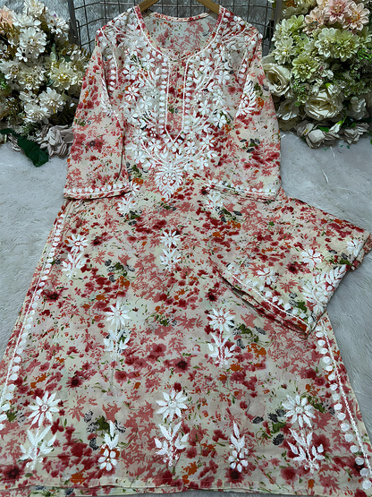 Beige-red printed kurti palazzo set with intricate white embroidery on neck and hem