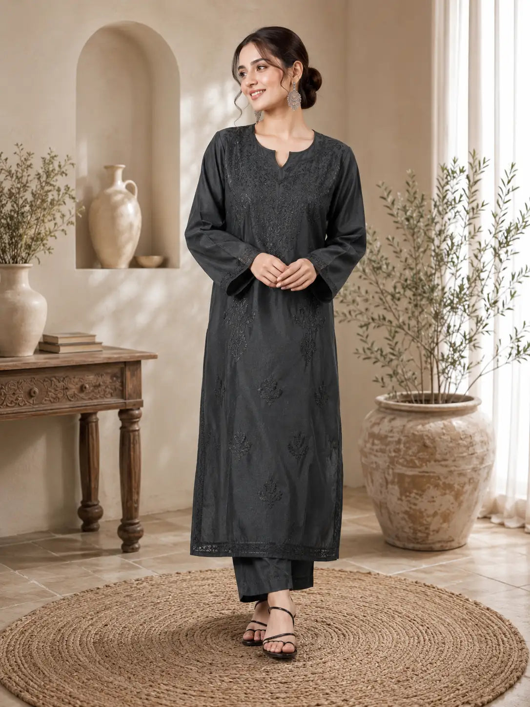 Black Chanderi Chikankari kurta set for women with Lucknowi embroidery