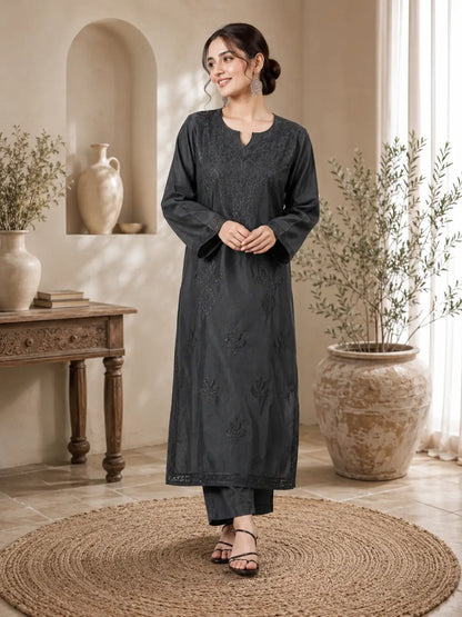 Black Chanderi Chikankari kurta set for women with Lucknowi embroidery