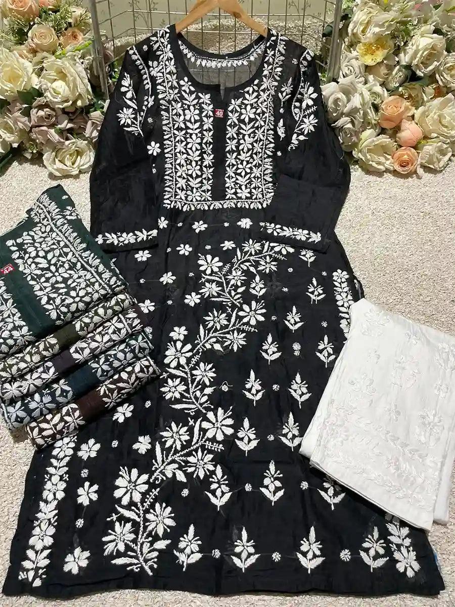 Black Chanderi kurti with white Chikankari embroidery and bell sleeves