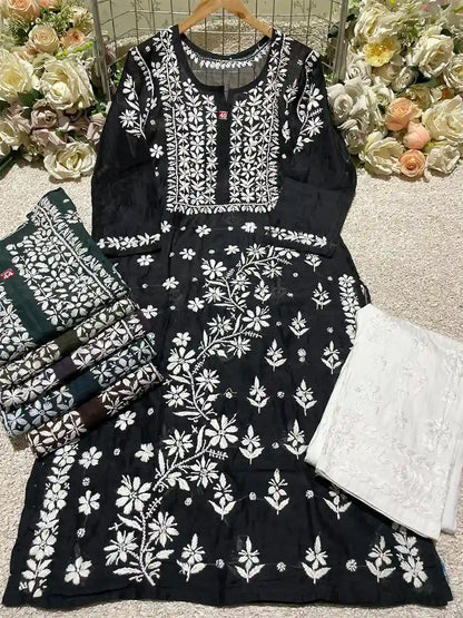 Black Chanderi kurti with white Chikankari embroidery and bell sleeves